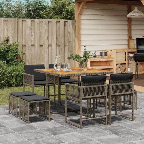 Prolenta Premium - Ensemble À Manger De Jardin 9 Pcs Coussins Gris Résine Tressée