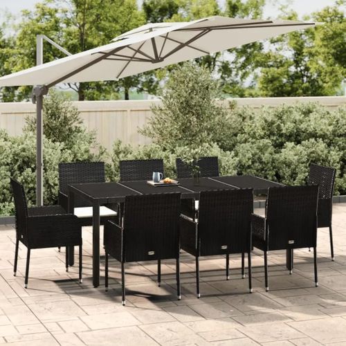Prolenta Premium - Ensemble À Manger Jardin 9pcs Et Coussins Noir Résine Tressée
