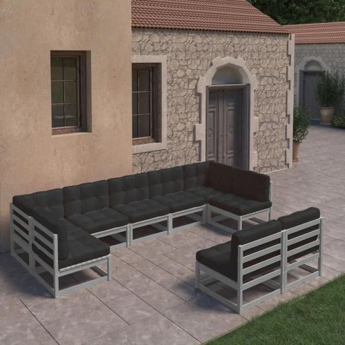 Prolenta Premium - Salon De Jardin 9 Pcs Avec Coussins Gris Bois De Pin Massif