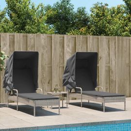 Prolenta Premium - Chaises Longues Lot De 2 Avec Auvents Et Table Gris Clair Rotin