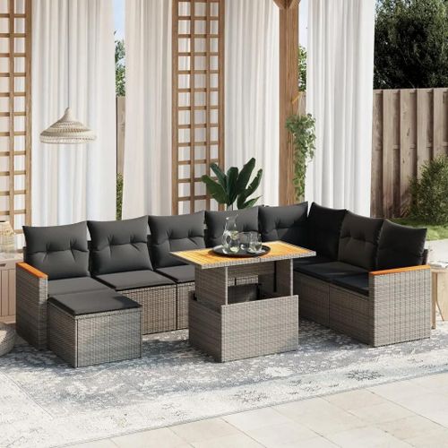 Prolenta Premium - Salon De Jardin 9 Pcs Avec Coussins Gris Résine Tressée