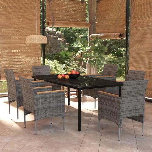 Prolenta Premium - Ensemble À Manger De Jardin Coussins 7pcs Gris Et Noir