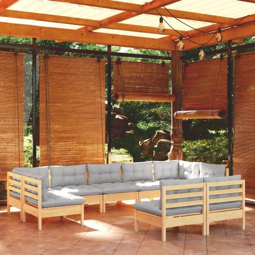 Prolenta Premium - Salon De Jardin 9 Pcs Avec Coussins Gris Bois De Pin Massif