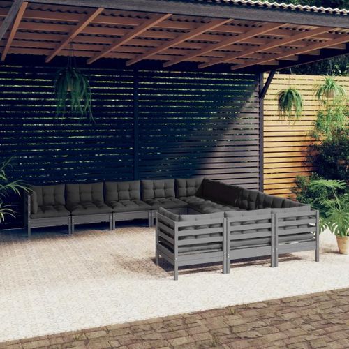 Prolenta Premium - Salon De Jardin 11 Pcs Avec Coussins Gris Bois De Pin