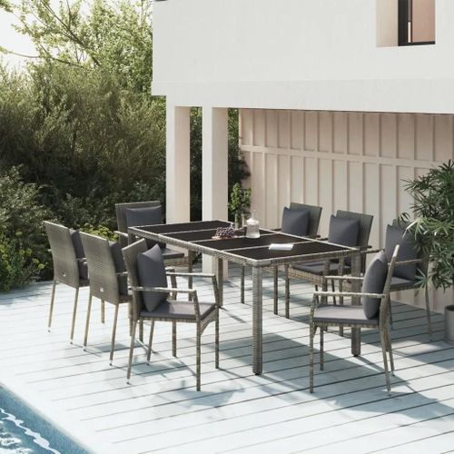 Prolenta Premium - Ensemble À Manger De Jardin 9 Pcs Coussins Gris Résine Tressée