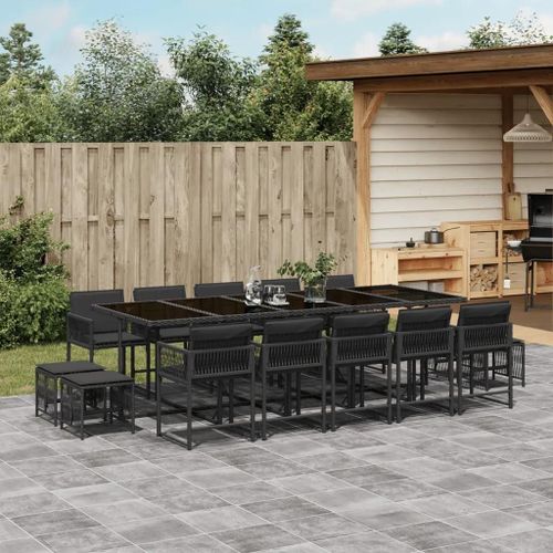 Prolenta Premium - Ensemble À Manger De Jardin 15 Pcs Coussins Noir Résine Tressée