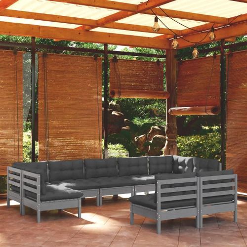 Prolenta Premium - Salon De Jardin 9 Pcs Avec Coussins Gris Bois De Pin Massif