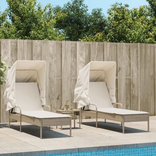 Prolenta Premium - Chaises Longues Lot De 2 Avec Auvents Et Table Beige Poly Rotin