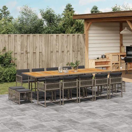Prolenta Premium - Ensemble À Manger De Jardin 15 Pcs Coussins Gris Résine Tressée