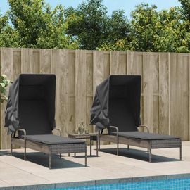 Prolenta Premium - Chaises Longues Lot De 2 Avec Auvents Et Table Gris Poly Rotin
