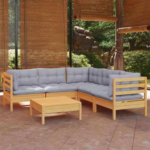 Prolenta Premium - Salon De Jardin 6 Pcs Avec Coussins Gris Bois De Pin Massif