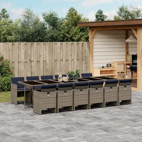 Prolenta Premium - Ensemble À Manger De Jardin Coussins 13 Pcs Gris Résine Tressée