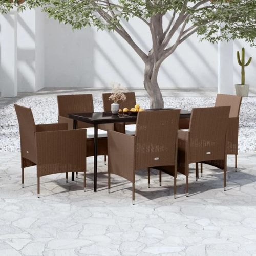Prolenta Premium - Ensemble À Manger De Jardin Coussins 7 Pcs Marron/Noir