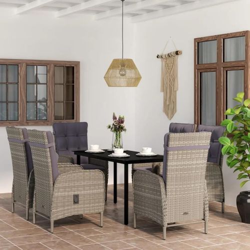 Prolenta Premium - Ensemble À Manger De Jardin Coussins 7pcs Gris Et Noir