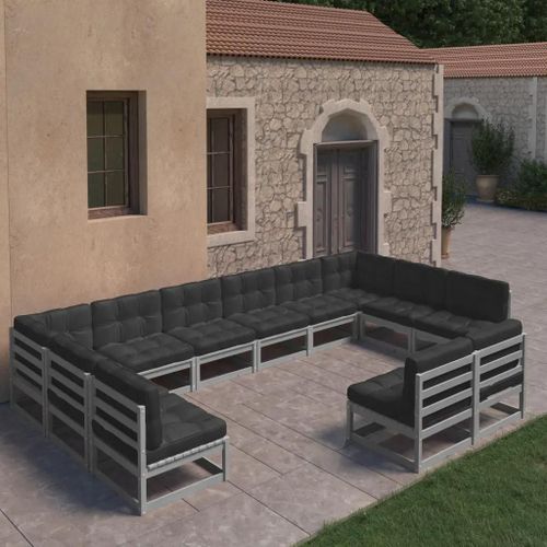 Prolenta Premium - Salon De Jardin 12 Pcs Avec Coussins Gris Bois De Pin Massif