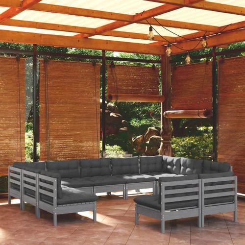 Prolenta Premium - Salon De Jardin 11 Pcs Avec Coussins Gris Bois De Pin Solide