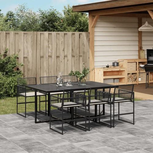 Prolenta Premium - Ensemble À Manger De Jardin Coussins 7 Pcs Noir Résine Tressée