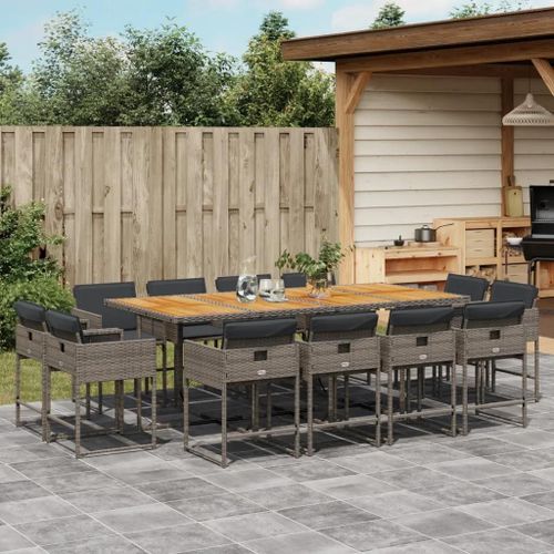 Prolenta Premium - Ensemble À Manger De Jardin Coussins 13 Pcs Gris Résine Tressée