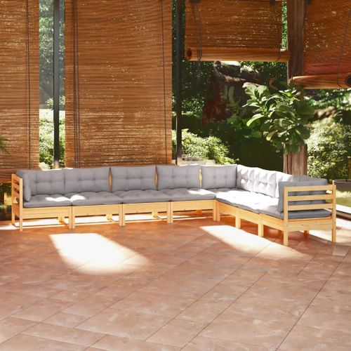 Prolenta Premium - Salon De Jardin 8 Pcs Avec Coussins Gris Bois De Pin Massif