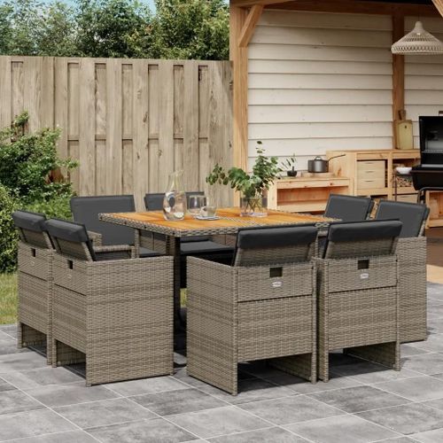 Prolenta Premium - Ensemble À Manger De Jardin 9 Pcs Coussins Gris Résine Tressée