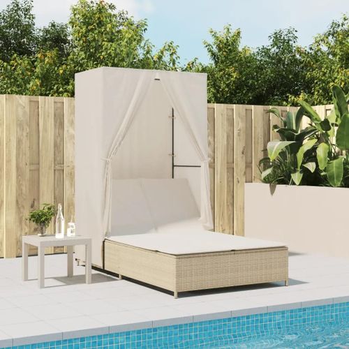 Prolenta Premium - Chaise Longue Double Avec Toit Et Rideaux Beige Résine Tressée