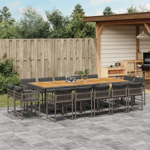 Prolenta Premium - Ensemble À Manger De Jardin 15 Pcs Coussins Gris Résine Tressée