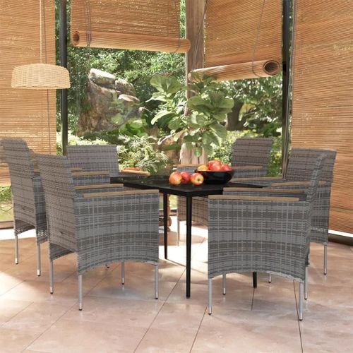 Prolenta Premium - Ensemble À Manger De Jardin Coussins 7pcs Gris Et Noir