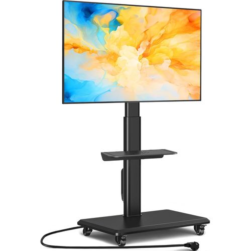 Meuble Tv Mobile À Roulettes Pour Téléviseurs Plats Incurvés De 32 À 55"", Support Tv Pivotant À Roulettes Avec Base En Bois, Hauteur Réglable Avec Une Étagère Vesa Max 400 X 400 Mm[Audio1257]