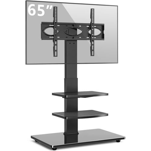 Support Tv Pied Meuble Tv Verre Trempé Pivotant Pour Tvs Et Ecrans De 32 À 70 Pouces Lcd Led Avec 3 Etagères Hauteur Réglable Supporter 50Kgs Vesa Max 400 X 400 Mm[Audio701]