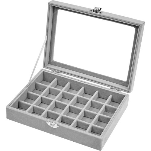 Shiba-Boite A Bijoux En Velours Gris Avec 24 Compartiments Et Couvercle En Verre, Boite De Rangement A Bijoux Pour Bagues Boucles [4