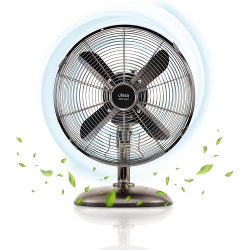 GOUTS ET COULEURSMichigan Mini Ventilateur De Table Oscillant, 40W, 3 Vitesses, 4 Pales 30Cm, Design Métallique, Argent