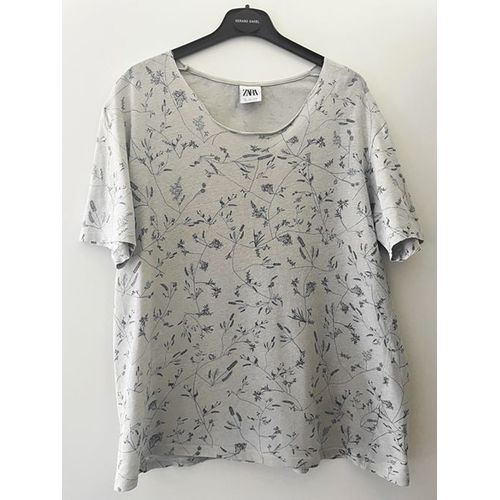 T-Shirt Zara Gris Imprimés Plantes Bleutés Manches Courtes Large