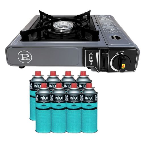 Rechaud Gaz Portable 1 Feu 2200W + 8 Cartouches gaz Butane Camping Randonnee Cuisine Exterieure INTEC