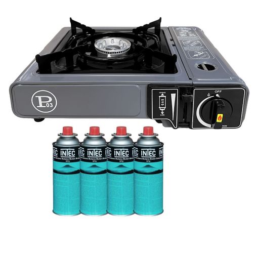 Rechaud gaz Camping 1 Feu 2200W + 4 Cartouches gaz Butane incluses Allumage Piezo ¿ Camping Randonnee Cuisine Exterieure INTEC