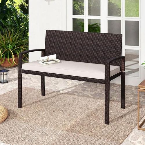 Banc D'extérieur En Rotin Pe 2 Places Costway, Coussin De Siège Doux, Dossier Et Accoudoirs, Charge De 360 Kg, Blanc Cassé