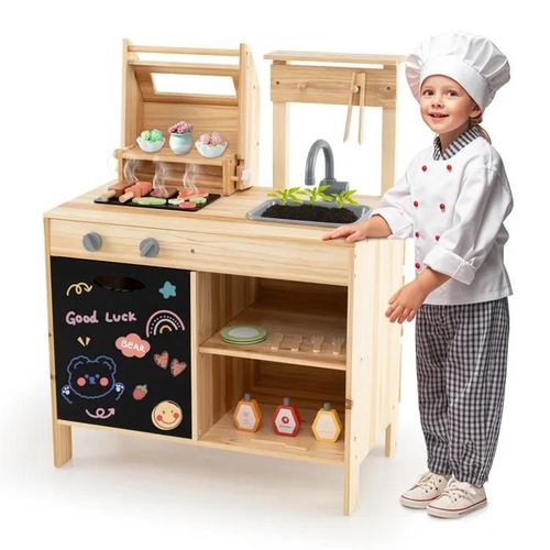 COSTWAY Cuisine en Bois pour Enfants de 3 Ans+ avec 25 Accessoires, Tableau Noir et Rangements