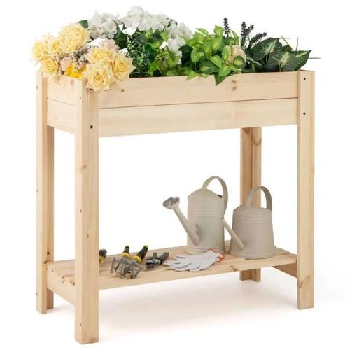 Costway Jardinière Surélevée Sur Pieds En Bois De Pin, Drainage, Étagère De Rangement, Drainage, Utilisation Intérieure Extérieure