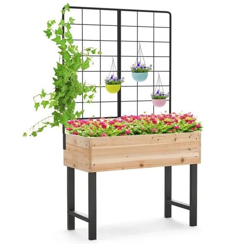 Costway Jardinière Surélevée Avec Treillis Métallique, Drainage, Bac À Plantes Élevé En Bois Avec Pieds Pour Plante Grimpante Fleur