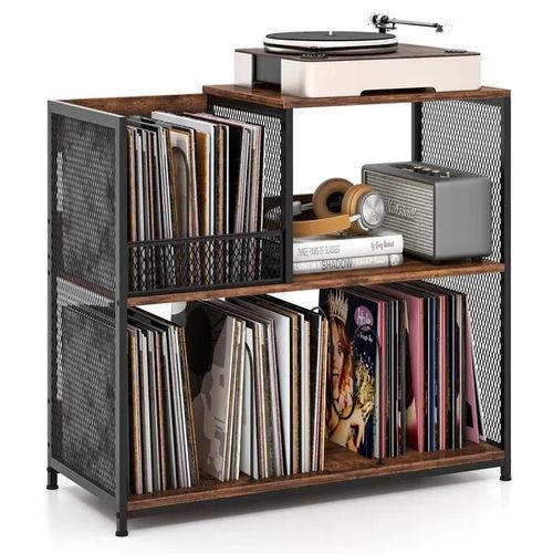 Costway Meuble Étagère Pour Vinyle À 3 Niveaux, Disques Jusqu'à 300 Albums, 3 Diviseurs Amovibles, Support En Métal Marron Rustique