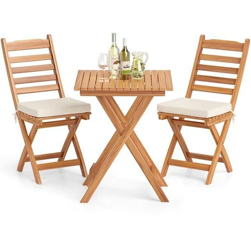 Costway Ensemble 3 Pcs Table Et Chaises Pliantes De Jardin En Bois D'acacia, Coussins Moelleux, Sans Accoudoirs, Housses Amovibles