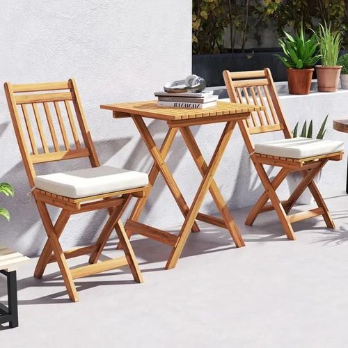 Ensemble Table Et 2 Chaises Pliantes De Jardin Costway En Bois D'acacia, Coussins Moelleux, Sans Accoudoirs, Housses Amovibles