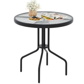 Table De Jardin Ronde 70 Cm Costway, Plateau En Verre Trempé Ondulé, Trou De Parasol, Cadre En Métal, Pour Terrasse Véranda Cour