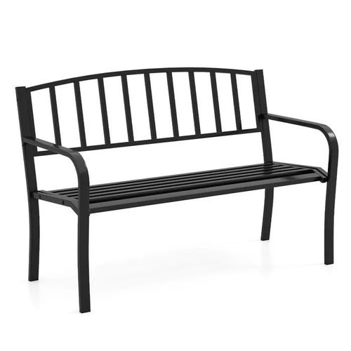 Banc De Jardin 127cm Costway, Pour 2-3 Personnes, Dossier À Lattes, Accoudoirs Incurvés, Banc D'extérieur En Métal Pour Porche Cour