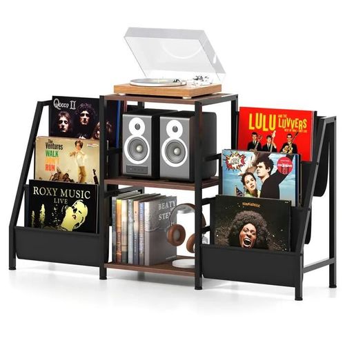 Costway Meuble Étagère Pour Platine Vinyle Avec 3 Étagères, 6 Poches, Structure En Métal, Pour Chambre Studio Café, Marron Rustique