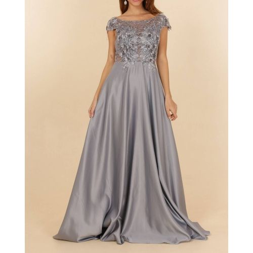 Robe Cérémonie Dentelle Et Bas Satiné Argenté Taille 40