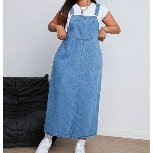 Robe En Jean Sans Manches De Grande Taille, Couleur Unie Avec Poches