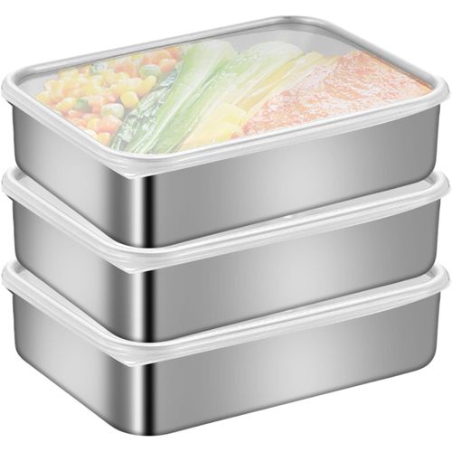lbgwp60-Boîte De Conservation Alimentaire En Acier Inoxydable 3 Pièces (1.2L) Récipient Hermétique Empilable Pour Viande, Fromage, Préparation Repas, Lavable Lave-Vaisselle & Congélateur