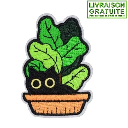 Patch Écusson Chat Noir Dans Une Plante (Réf 1) - Thermocollant
