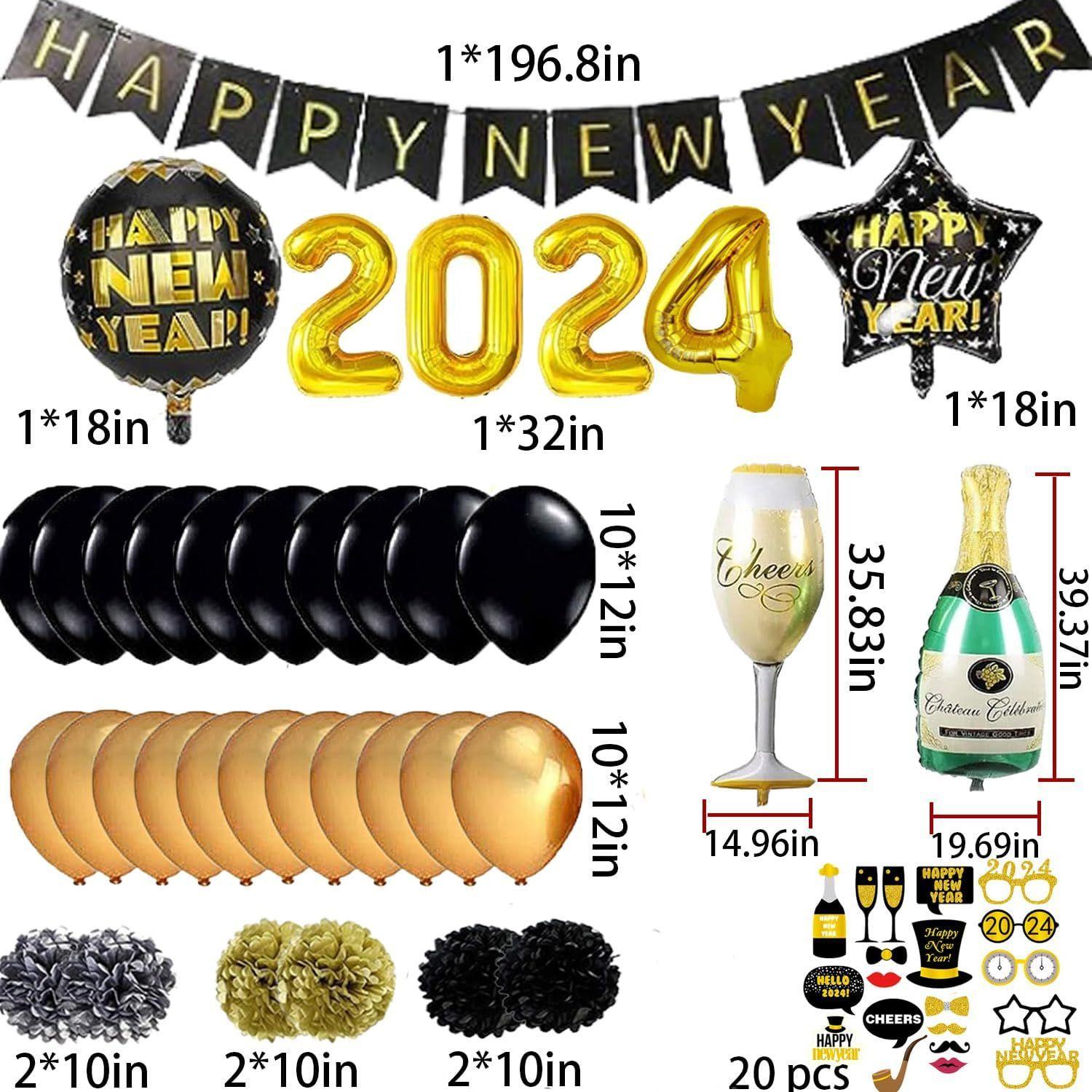 Affiche De Vacances Du Nouvel An Ballons Noirs Or Argent Fête 2024