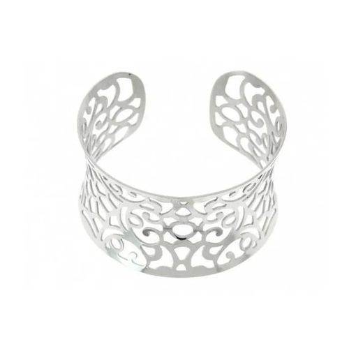 Bracelet Jonc Manchette Ouvert Motifs Ajourés En Acier Inoxydable Argenté